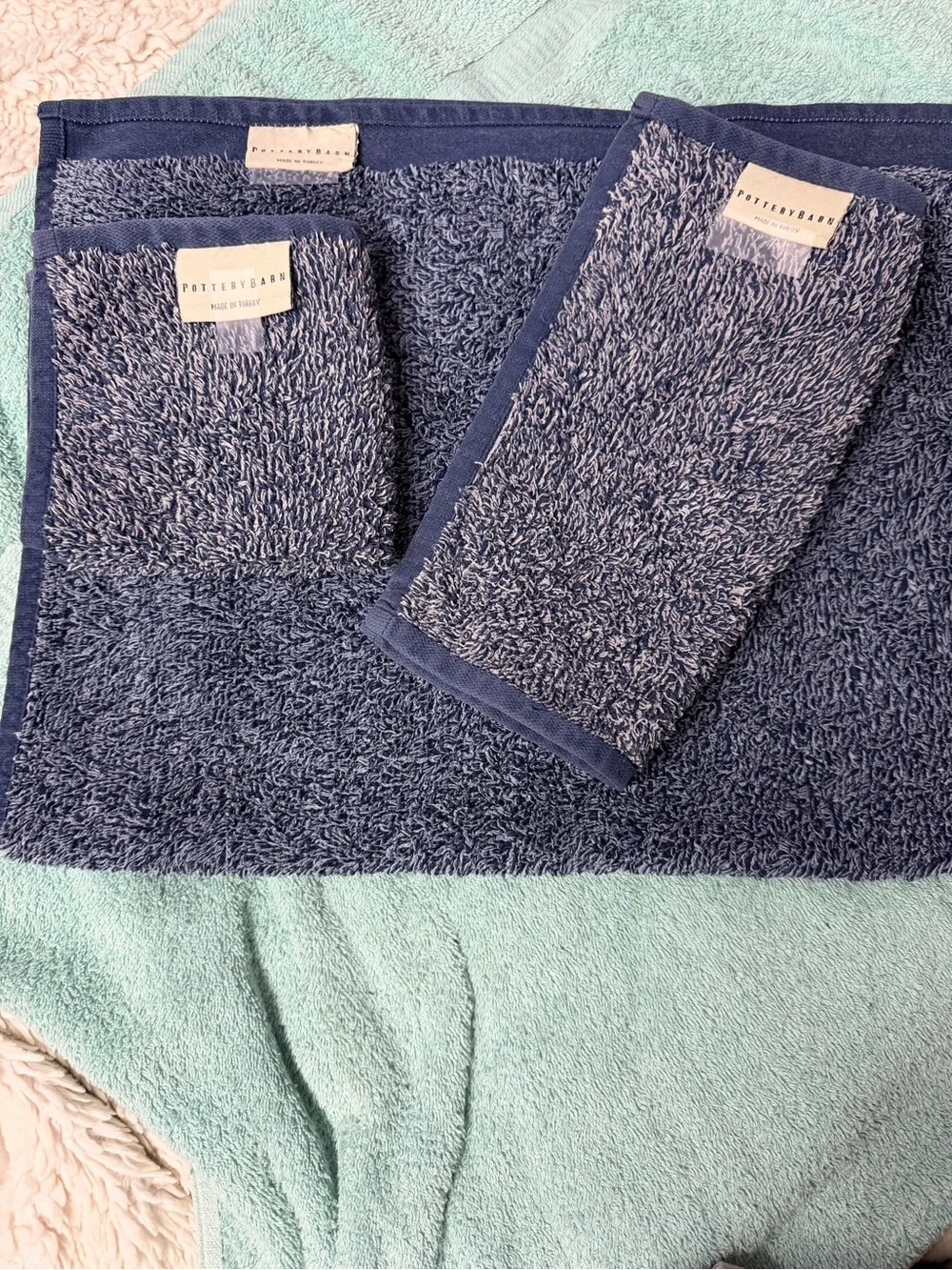Pottery Barn (2) 11”x11” (1) 19.5”W x28”L Navy Blue Plush Terry Hand Towel